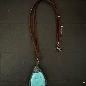Turquoise Pendant Necklace with Brown Leather Cord